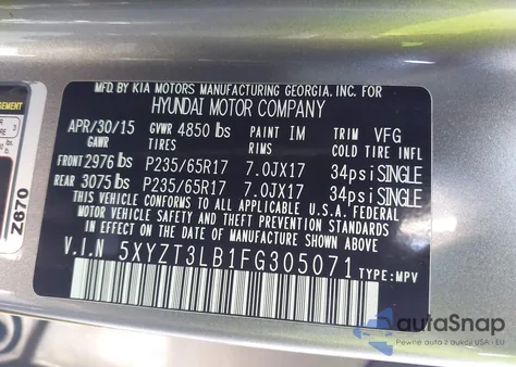 2015 Hyundai Santa Fe Sport 2.4L from USA, damaged, VIN 5XYZT3LB1FG305071